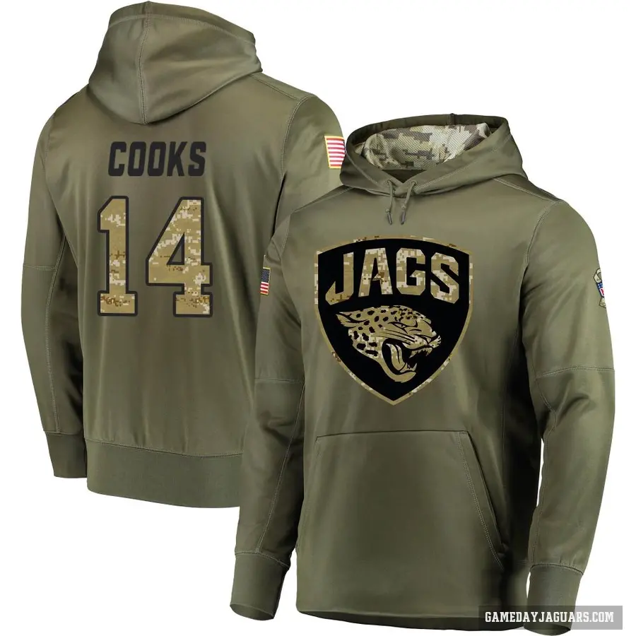 Men's ＃14 Elijah Cooks Jacksonville Jaguars Olive Salute to Service Pullover Hoodie