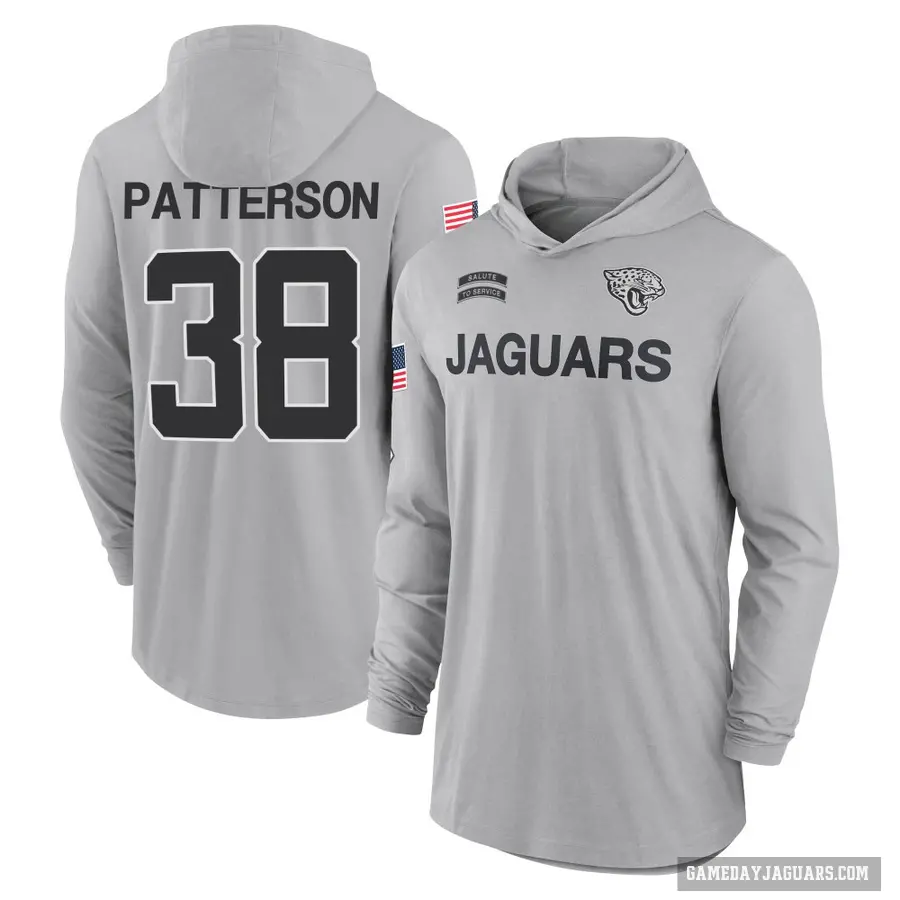 Men's ＃38 Riley Patterson Jacksonville Jaguars Gray 2024 Salute to Service Lightweight Performance Long Sleeve Hooded T-Shirt