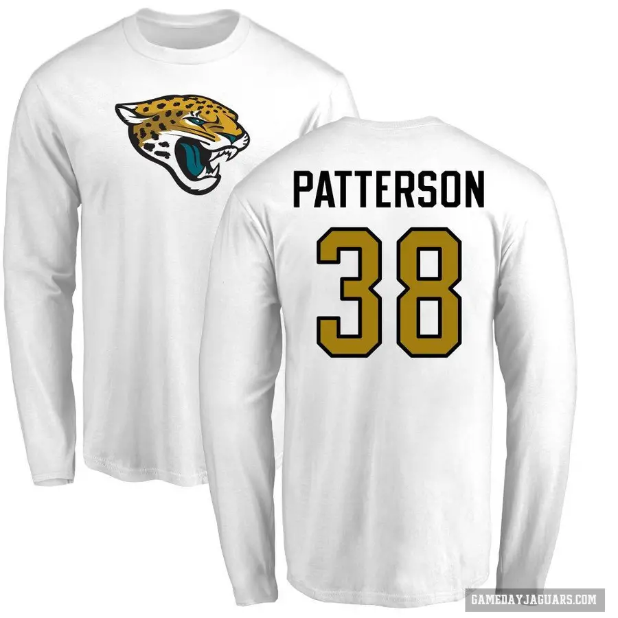 Men's ＃38 Riley Patterson Jacksonville Jaguars White Logo Long Sleeve T-Shirt