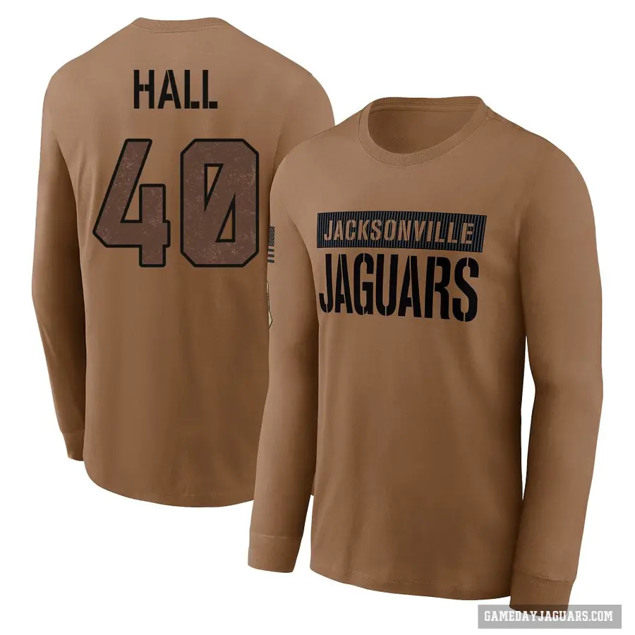 Men's ＃40 Tyler Hall Jacksonville Jaguars Brown 2023 Salute To Service Long Sleeve T-Shirt