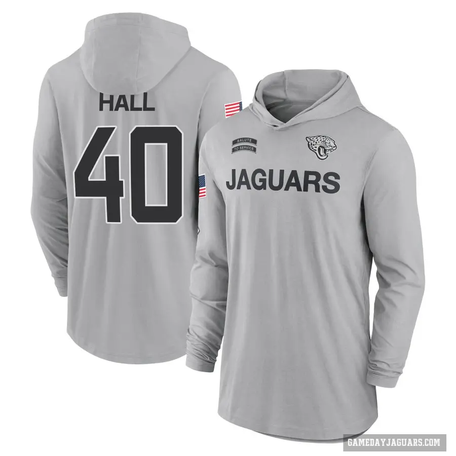 Men's ＃40 Tyler Hall Jacksonville Jaguars Gray 2024 Salute to Service Lightweight Performance Long Sleeve Hooded T-Shirt