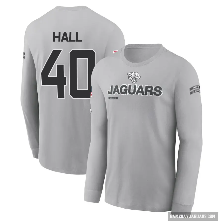 Men's ＃40 Tyler Hall Jacksonville Jaguars Gray 2024 Salute to Service Long Sleeve T-Shirt