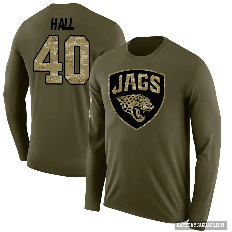 Men's ＃40 Tyler Hall Jacksonville Jaguars Olive Salute to Service Sideline Long Sleeve T-Shirt