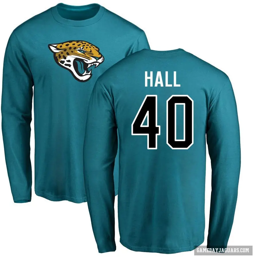 Men's ＃40 Tyler Hall Jacksonville Jaguars Teal Logo Long Sleeve T-Shirt