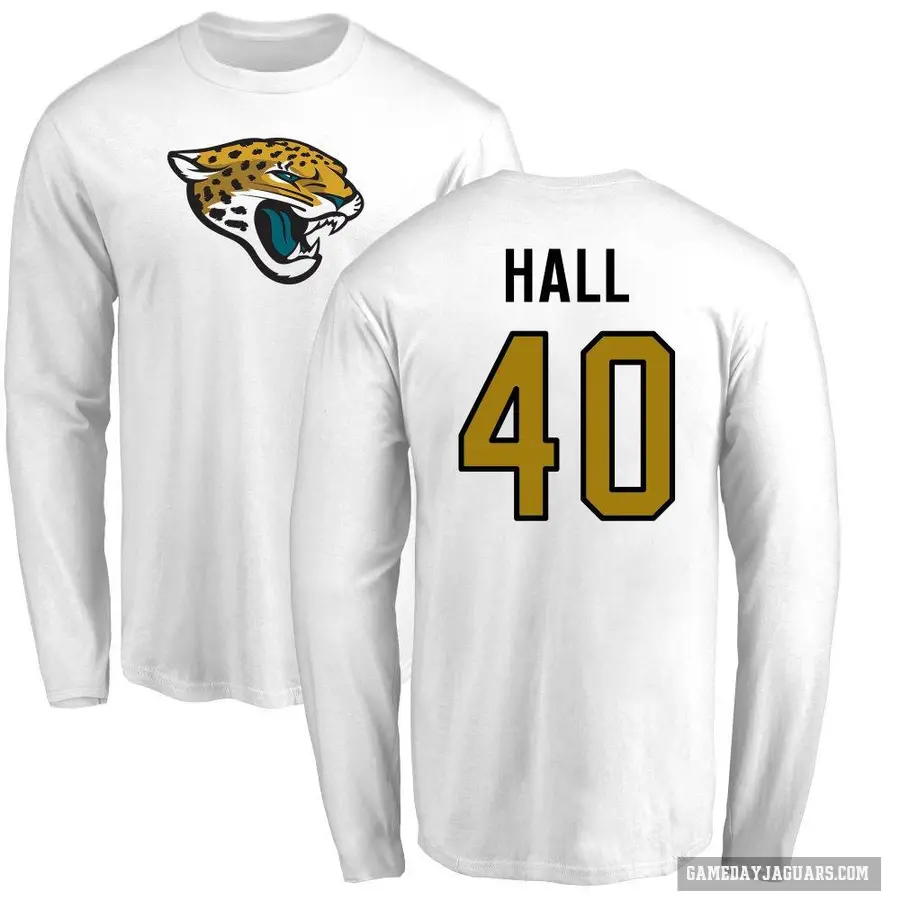 Men's ＃40 Tyler Hall Jacksonville Jaguars White Logo Long Sleeve T-Shirt