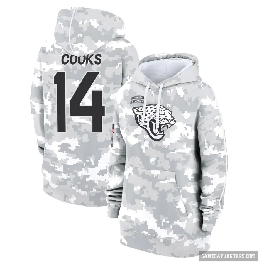 Women's ＃14 Elijah Cooks Jacksonville Jaguars Arctic Camo 2024 Salute to Service Club Fleece Pullover Hoodie