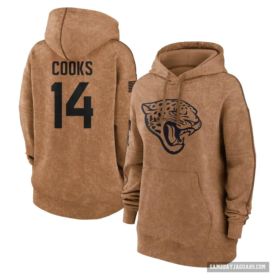 Women's ＃14 Elijah Cooks Jacksonville Jaguars Brown 2023 Salute To Service Pullover Hoodie