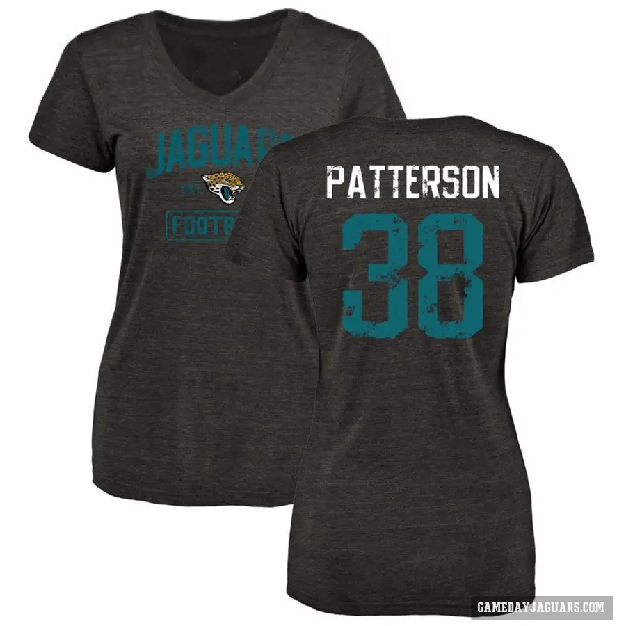 Women's ＃38 Riley Patterson Jacksonville Jaguars Black Distressed V-Neck T-Shirt