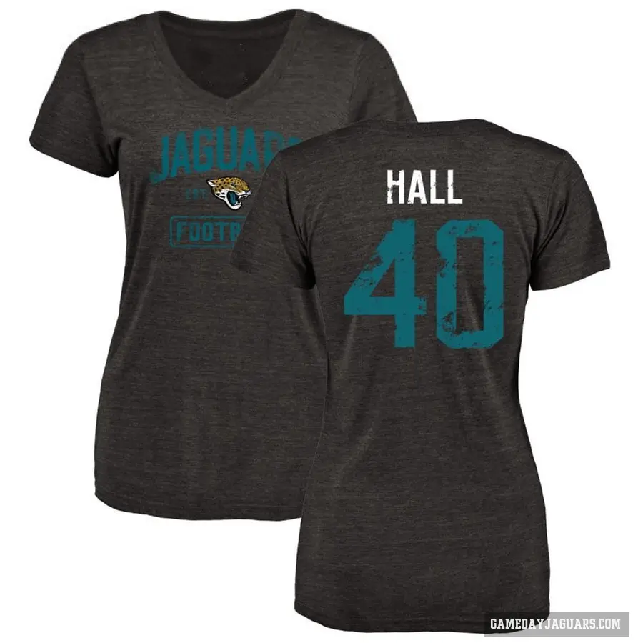 Women's ＃40 Tyler Hall Jacksonville Jaguars Black Distressed V-Neck T-Shirt