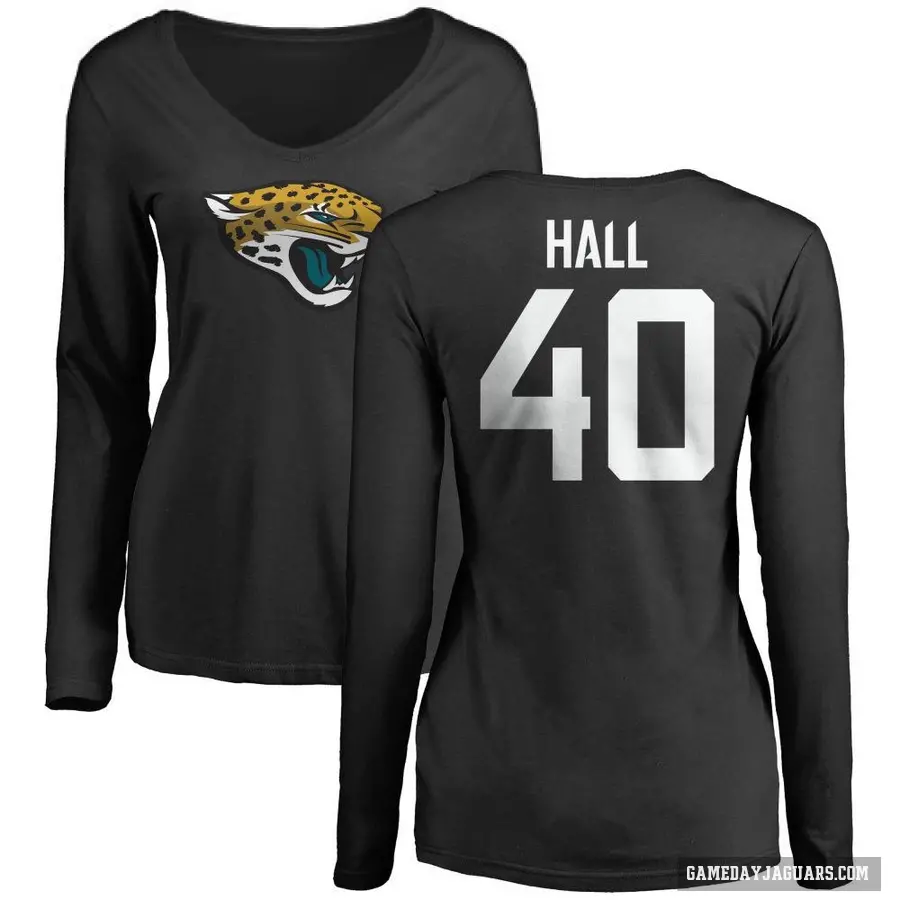 Women's ＃40 Tyler Hall Jacksonville Jaguars Black Logo Slim Fit Long Sleeve T-Shirt