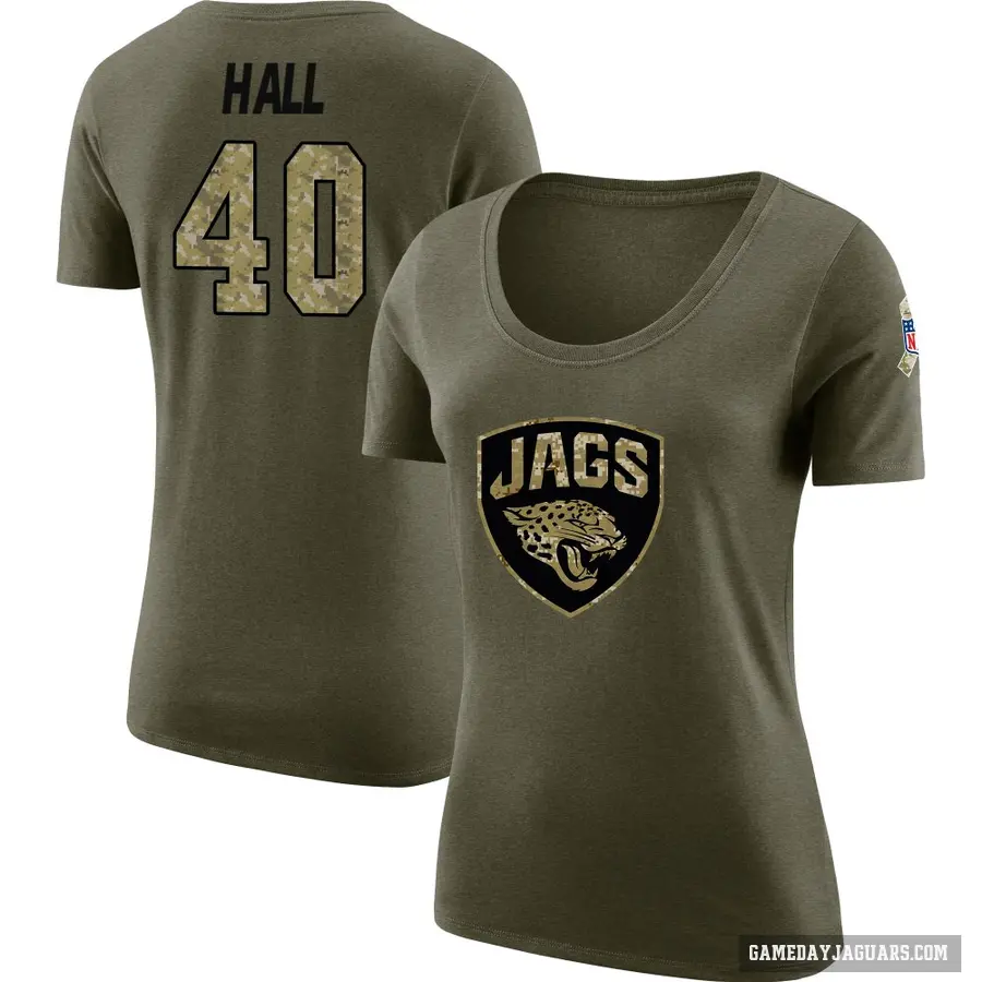 Women's ＃40 Tyler Hall Jacksonville Jaguars Olive Salute to Service Scoop Neck T-Shirt