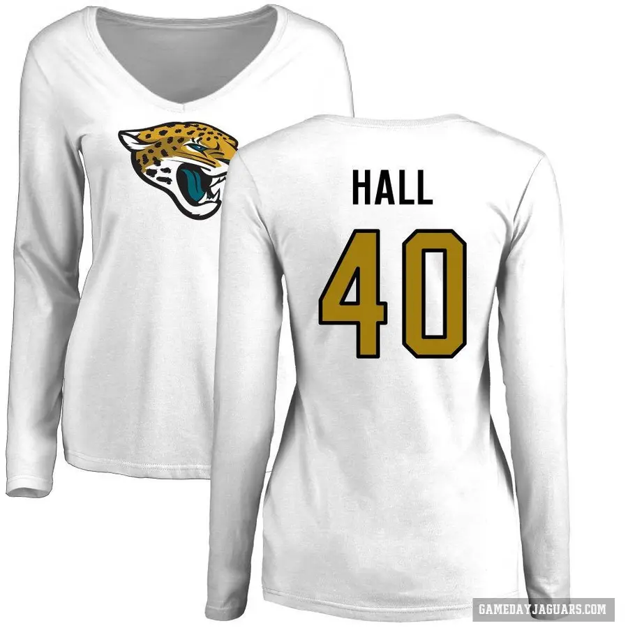 Women's ＃40 Tyler Hall Jacksonville Jaguars White Logo Slim Fit Long Sleeve T-Shirt