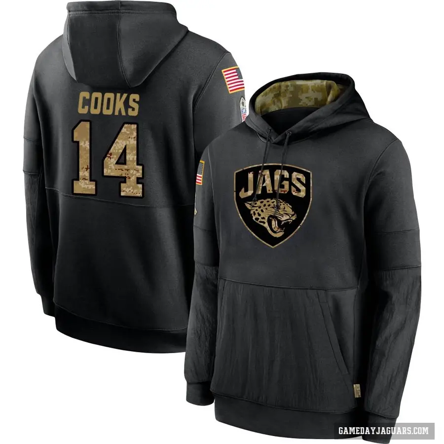 Youth ＃14 Elijah Cooks Jacksonville Jaguars Black 2020 Salute to Service Sideline Performance Pullover Hoodie