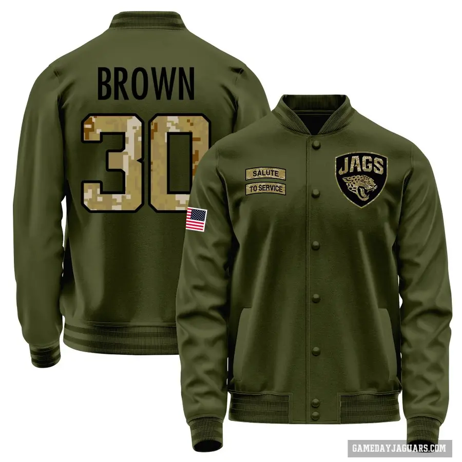 Youth ＃30 Montaric Brown Jacksonville Jaguars Olive Salute to Service Sideline Performance Jacket